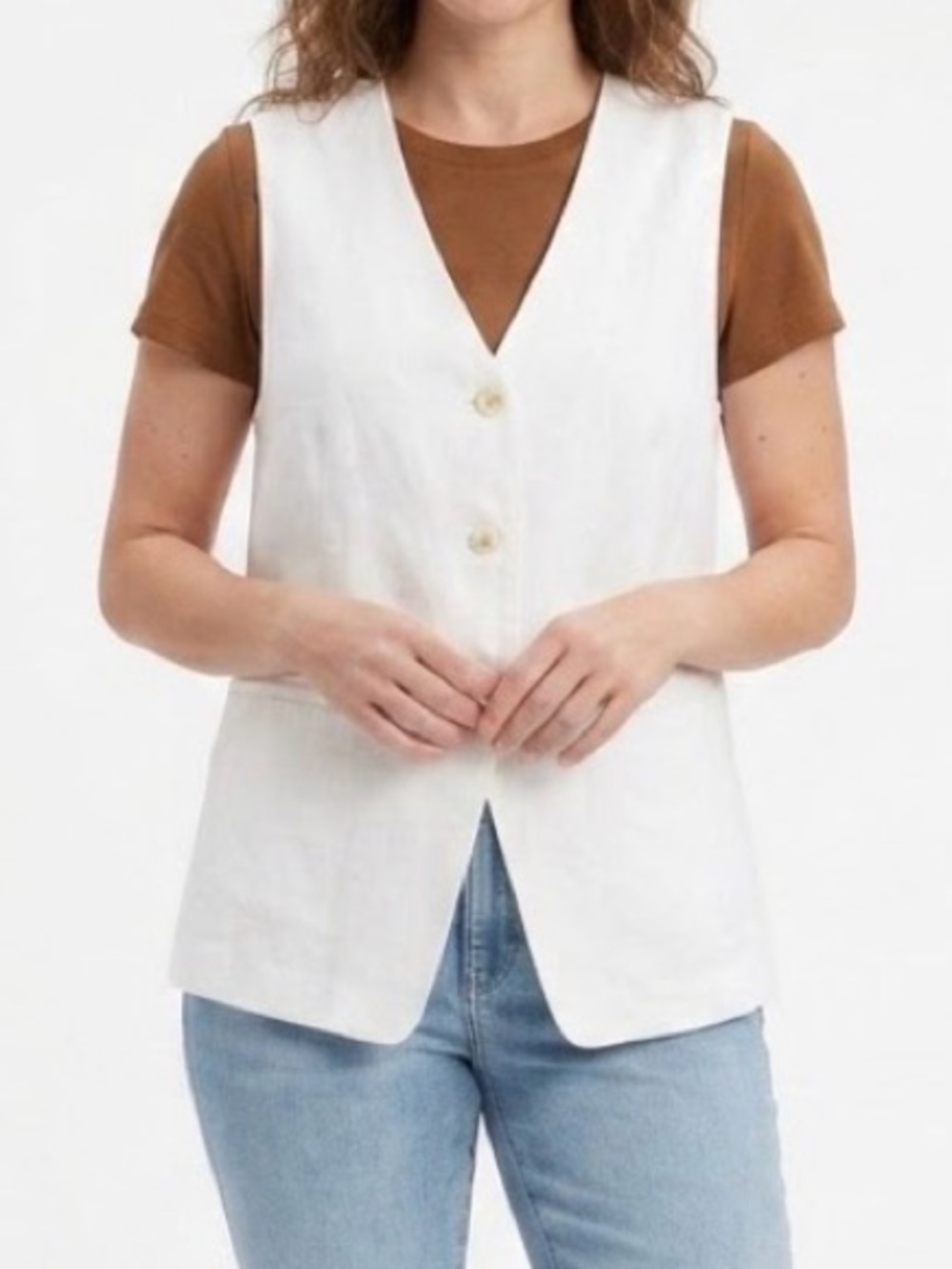 GAP White Linen-Blend V-Neck Button Vest